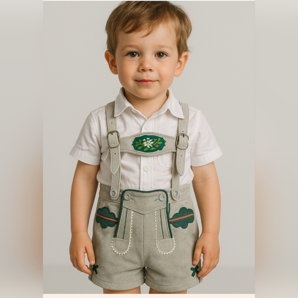 80s Leather Lederhosen Brown/Grey with Green and Red Leather Piping Details - Picture 1 of 9